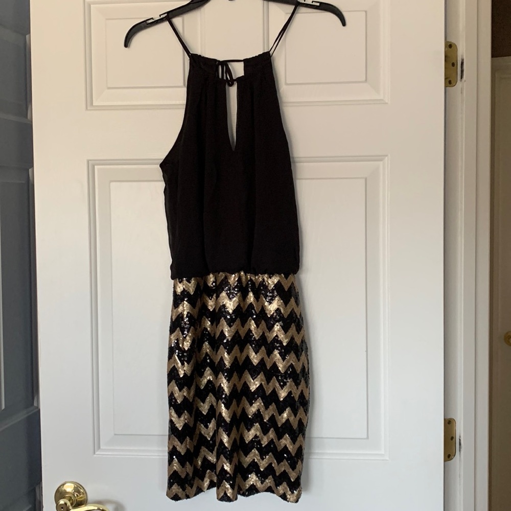 B.Darlin Black and Gold Chevron Dress